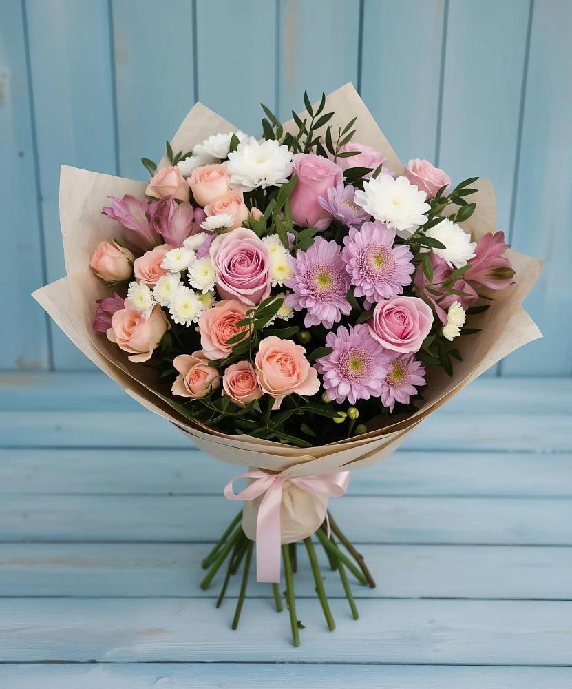 Букет цветов из: Хризантемы, Розы и Альстромерии в Междуреченском