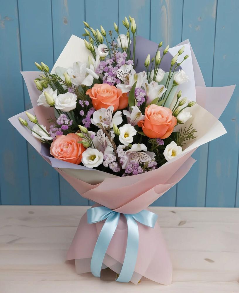 Букет цветов из: Лизиантусы, Розы, Альстромерии и Гипсофила в Междуреченском