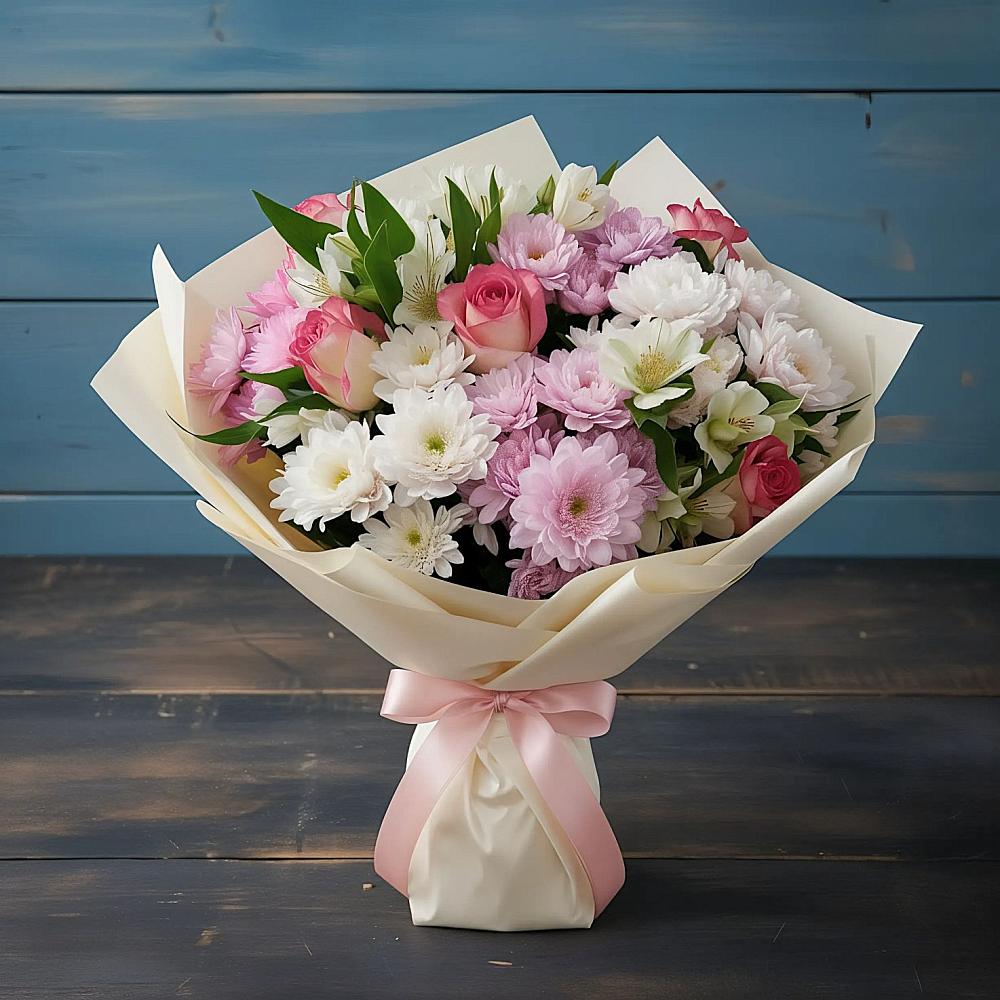 Букет цветов из: Хризантемы, Альстромерии и Розы в Междуреченском